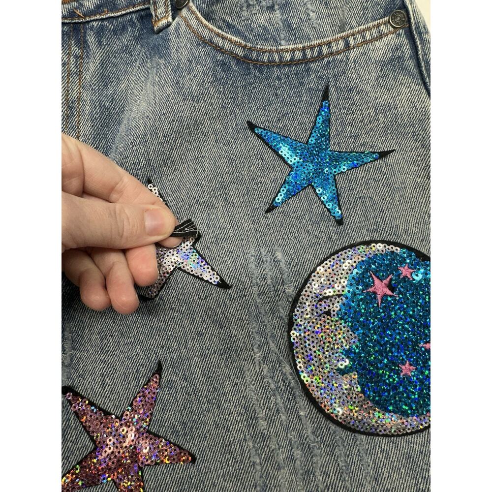 LF Taigwah Jeans Size 12 Star And Moon Denim Distressed Sequined - Picture 3 of 9